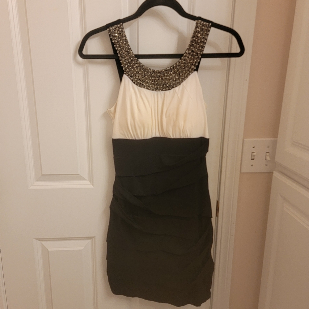 Black and white halter style dress.